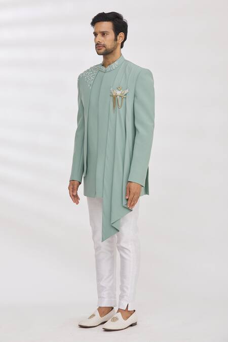 Shop Rng Safawala Blue Pant Dupion , Bandhgala Blended Cutdana Asymmetric And Set Online at Aza Fashions Shop_Rng Safawala_Blue Pant Dupion , Bandhgala Blended Cutdana Asymmetric And Set _Online_at_Aza_Fashions