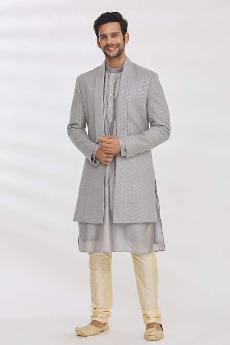 Rng Safawala Grey Kurta And Pant Dupion Silk, Jacket French Terry Sequins Longline & Set 