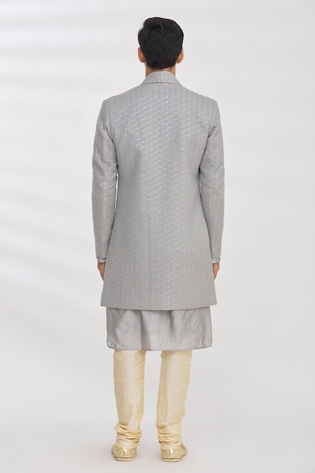 Shop Rng Safawala Grey Kurta And Pant Dupion Silk, Jacket French Terry Sequins Longline & Set at Aza Fashions Shop_Rng Safawala_Grey Kurta And Pant Dupion Silk, Jacket French Terry Sequins Longline & Set _at_Aza_Fashions