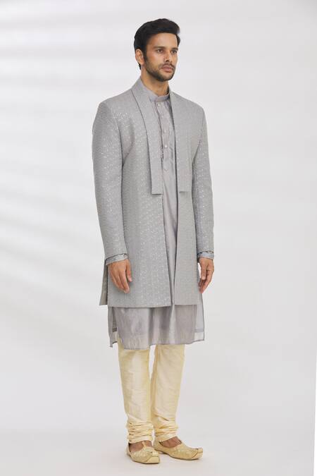 Rng Safawala Grey Kurta And Pant Dupion Silk, Jacket French Terry Sequins Longline & Set Online at Aza Fashions Rng Safawala_Grey Kurta And Pant Dupion Silk, Jacket French Terry Sequins Longline & Set _Online_at_Aza_Fashions