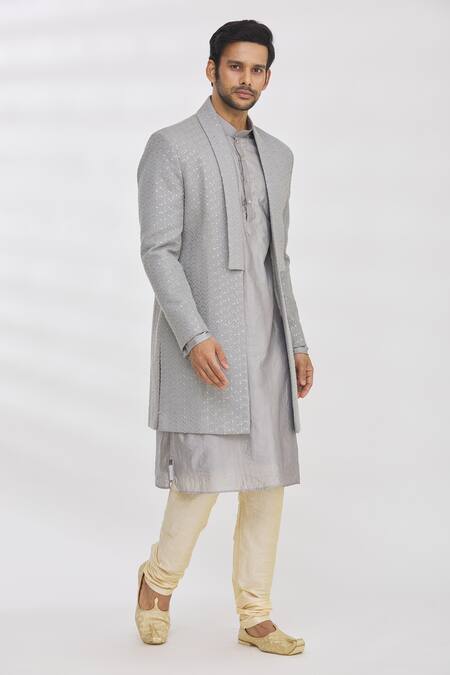 Buy Rng Safawala Grey Kurta And Pant Dupion Silk, Jacket French Terry Sequins Longline & Set Online at Aza Fashions Buy_Rng Safawala_Grey Kurta And Pant Dupion Silk, Jacket French Terry Sequins Longline & Set _Online_at_Aza_Fashions