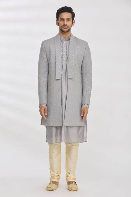 Shop Rng Safawala Grey Kurta And Pant Dupion Silk, Jacket French Terry Sequins Longline & Set Online at Aza Fashions Shop_Rng Safawala_Grey Kurta And Pant Dupion Silk, Jacket French Terry Sequins Longline & Set _Online_at_Aza_Fashions