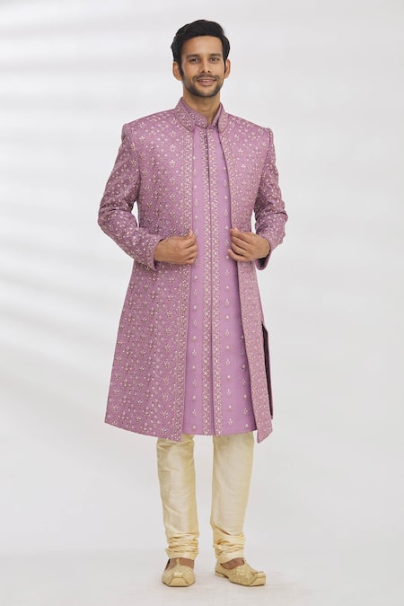 RNG Safawala Purple Jacket And Achkan Blended  Pant Dupion Longline & Set 