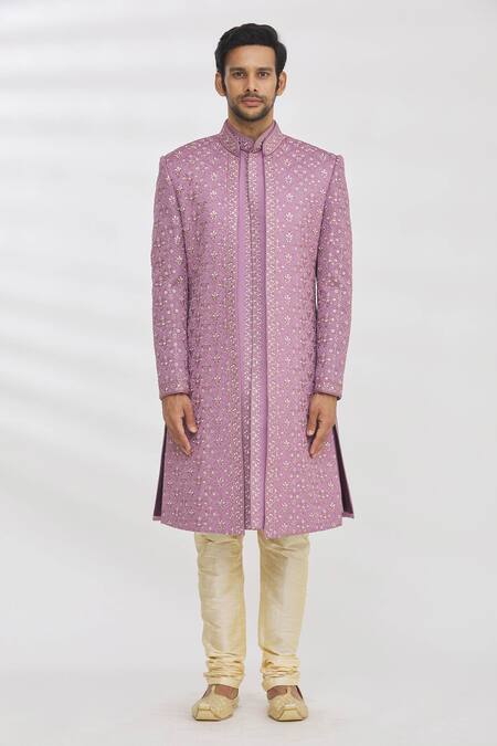 Buy_Rng Safawala_Purple Jacket And Achkan Blended  Pant Dupion Longline & Set _Online_at_Aza_Fashions