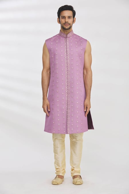 Shop_Rng Safawala_Purple Jacket And Achkan Blended  Pant Dupion Longline & Set _Online_at_Aza_Fashions