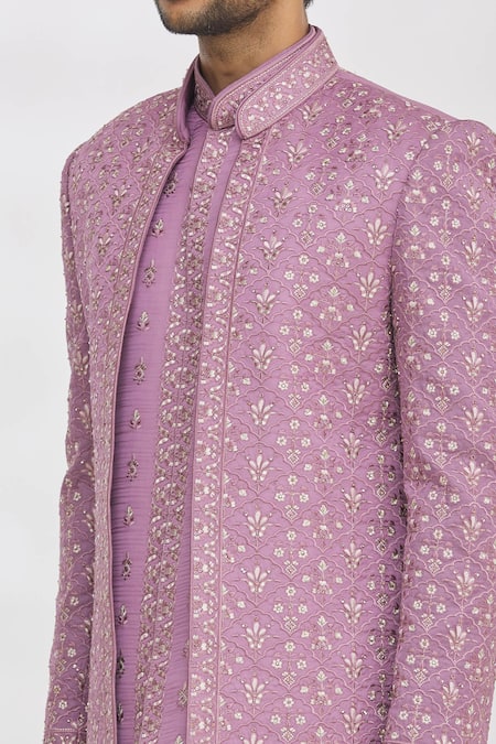 Rng Safawala_Purple Jacket And Achkan Blended  Pant Dupion Longline & Set _at_Aza_Fashions