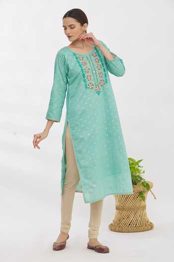 Buy_Naintara Bajaj_Blue Chanderi Embroidered Kurta _Online_at_Aza_Fashions