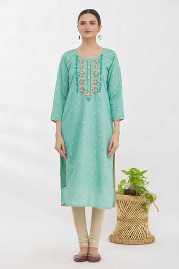 Shop_Naintara Bajaj_Blue Chanderi Embroidered Kurta _Online_at_Aza_Fashions