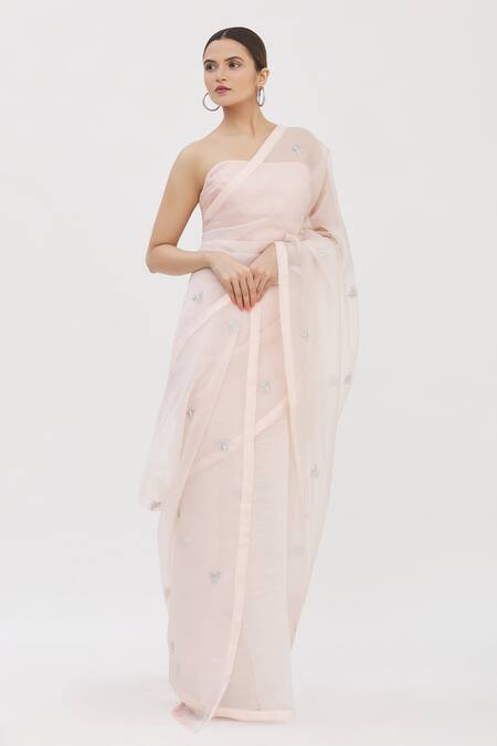 Kapardara_Pink Silk Organza Aari, Zardozi Embroidered Saree _Online_at_Aza_Fashions