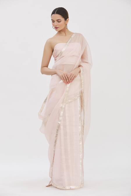Kapardara_Pink Silk Organza Lampi Border Saree _Online_at_Aza_Fashions