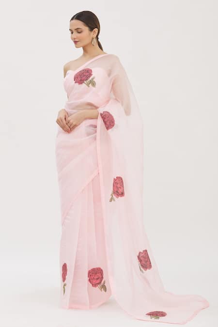 Kapardara Pink Silk Organza Hand Painted Rose Motifs Saree  