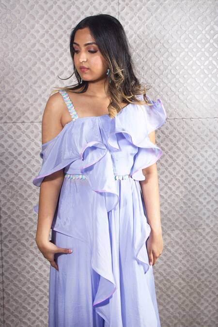 Buy_Julie By Julie Shah_Blue Crepe Embroidered Sequin One Ruffle Crop Top And Palazzo Set _Online_at_Aza_Fashions