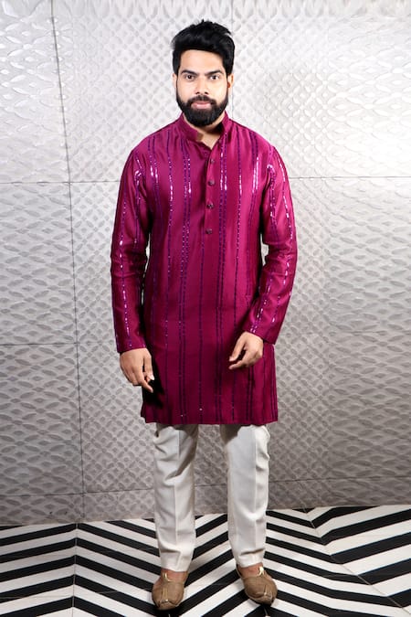 Julie By Julie Shah_Wine Chanderi Floral Embroidered Kurta_Online_at_Aza_Fashions