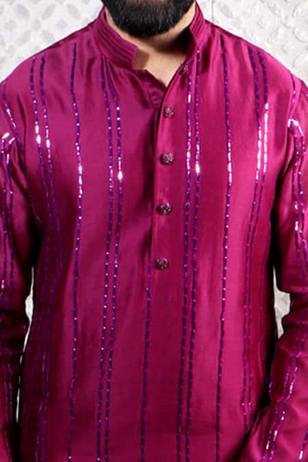 Buy_Julie By Julie Shah_Wine Chanderi Floral Embroidered Kurta_Online_at_Aza_Fashions