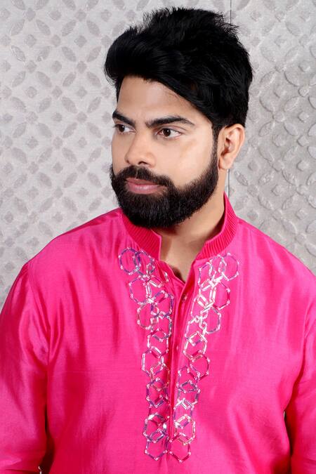 Julie By Julie Shah_Pink Chanderi Floral Embroidered Kurta_Online_at_Aza_Fashions