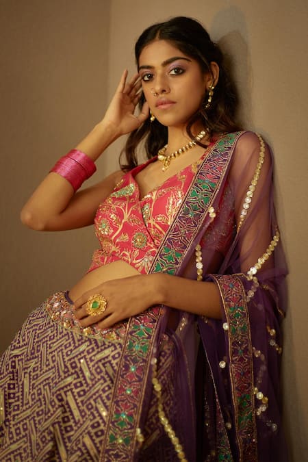 Shop Moledro Purple Modal Satin, Twill Silk Dupatta Butterfly Net Simar Print Lehenga Set Online at Aza Fashions Shop_Moledro_Purple Modal Satin, Twill Silk Dupatta Butterfly Net Simar Print Lehenga Set _Online_at_Aza_Fashions