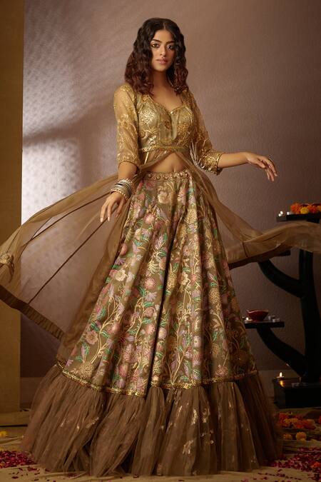 Buy Moledro Green Crepe, Modal Satin, Net Dupatta Organza Floral Jheel Ruffle Lehenga Set Online at Aza Fashions Buy_Moledro_Green Crepe, Modal Satin, Net Dupatta Organza Floral Jheel Ruffle Lehenga Set _Online_at_Aza_Fashions