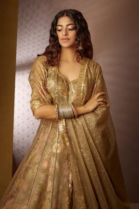 Shop Moledro Green Crepe, Modal Satin, Net Dupatta Organza Floral Jheel Ruffle Lehenga Set Online at Aza Fashions Shop_Moledro_Green Crepe, Modal Satin, Net Dupatta Organza Floral Jheel Ruffle Lehenga Set _Online_at_Aza_Fashions