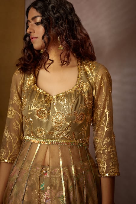 Moledro Green Crepe, Modal Satin, Net Dupatta Organza Floral Jheel Ruffle Lehenga Set at Aza Fashions Moledro_Green Crepe, Modal Satin, Net Dupatta Organza Floral Jheel Ruffle Lehenga Set _at_Aza_Fashions