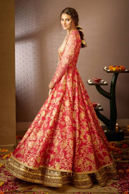 Buy_Moledro_Pink Modal Satin And Lurex Dupatta Organza Screen Print Baani Anarkali With _Online_at_Aza_Fashions