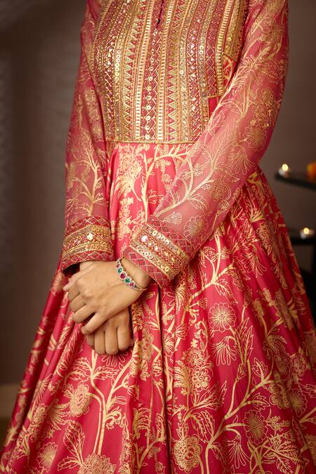 Shop_Moledro_Pink Modal Satin And Lurex Dupatta Organza Screen Print Baani Anarkali With _Online_at_Aza_Fashions