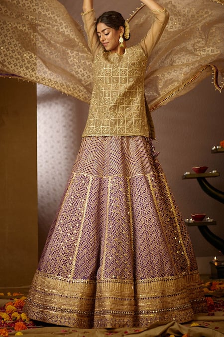 Moledro Green Crepe, Modal Satin, Organza Dupatta Kota Sumeira Kurta Lehenga Set Online at Aza Fashions Moledro_Green Crepe, Modal Satin, Organza Dupatta Kota Sumeira Kurta Lehenga Set _Online_at_Aza_Fashions