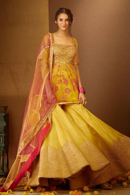 Shop_Moledro_Yellow Organza, Modal Satin, Lurex Dupatta Keerat Peplum Kurta Sharara Set _Online_at_Aza_Fashions