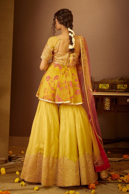 Moledro_Yellow Organza, Modal Satin, Lurex Dupatta Keerat Peplum Kurta Sharara Set _Online_at_Aza_Fashions