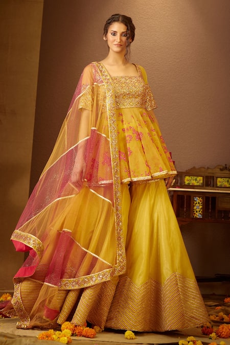 Buy_Moledro_Yellow Organza, Modal Satin, Lurex Dupatta Keerat Peplum Kurta Sharara Set _Online_at_Aza_Fashions