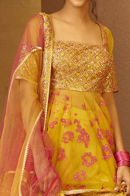 Moledro_Yellow Organza, Modal Satin, Lurex Dupatta Keerat Peplum Kurta Sharara Set _at_Aza_Fashions