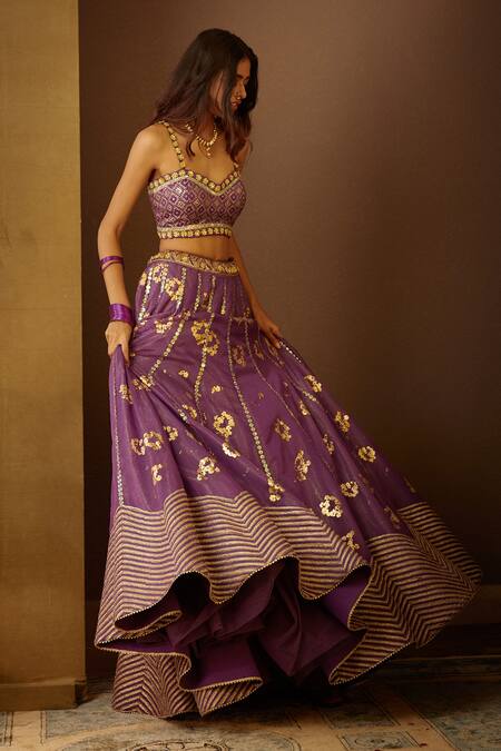 Moledro_Purple Organza, Modal Satin, Lurex Dupatta Kota Dua Embellished Lehenga Set _Online_at_Aza_Fashions