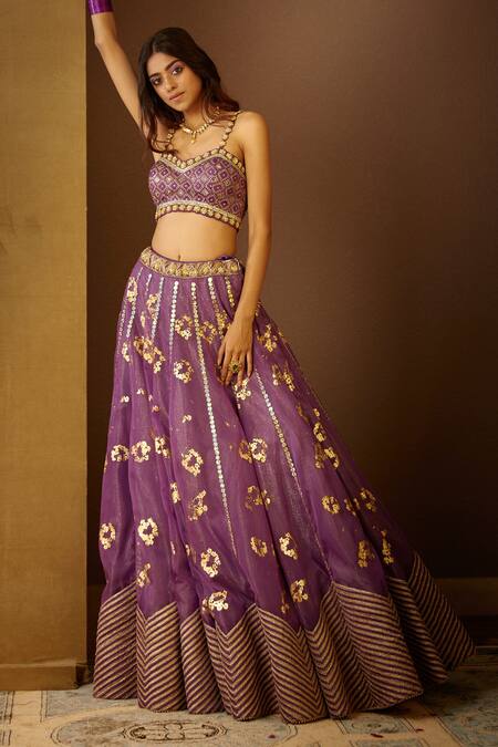 Buy_Moledro_Purple Organza, Modal Satin, Lurex Dupatta Kota Dua Embellished Lehenga Set _Online_at_Aza_Fashions