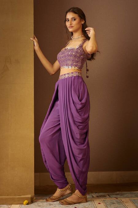 Buy Moledro Purple Crepe Floral Motifs Geet Dhoti Pant Set Online at Aza Fashions Buy_Moledro_Purple Crepe Floral Motifs Geet Dhoti Pant Set _Online_at_Aza_Fashions
