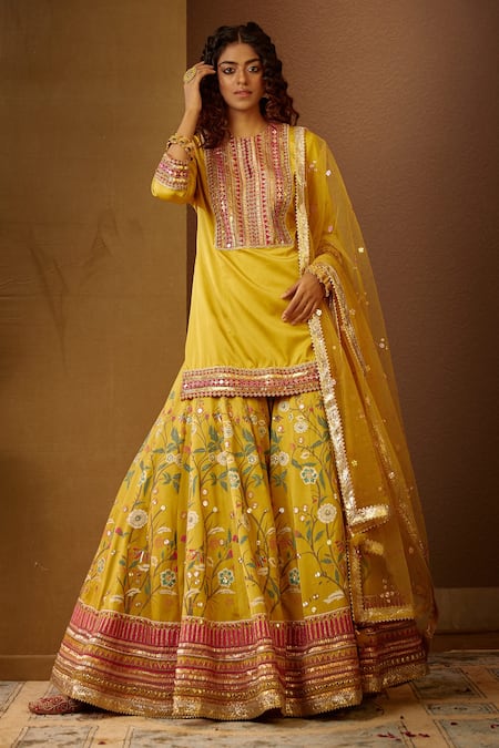 Shop_Moledro_Yellow Modal Satin Dupatta Butterfly Net Round Khwaish Sharara Set _Online_at_Aza_Fashions