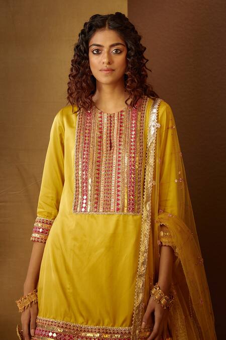 Buy_Moledro_Yellow Modal Satin Dupatta Butterfly Net Round Khwaish Sharara Set _Online_at_Aza_Fashions