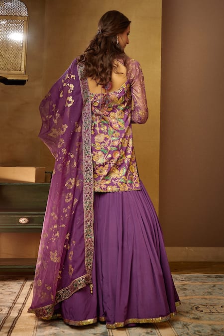 Shop Moledro Purple Floral Motifs Scoop Neck Reet Embroidered Sharara Set at Aza Fashions Shop_Moledro_Purple Floral Motifs Scoop Neck Reet Embroidered Sharara Set _at_Aza_Fashions