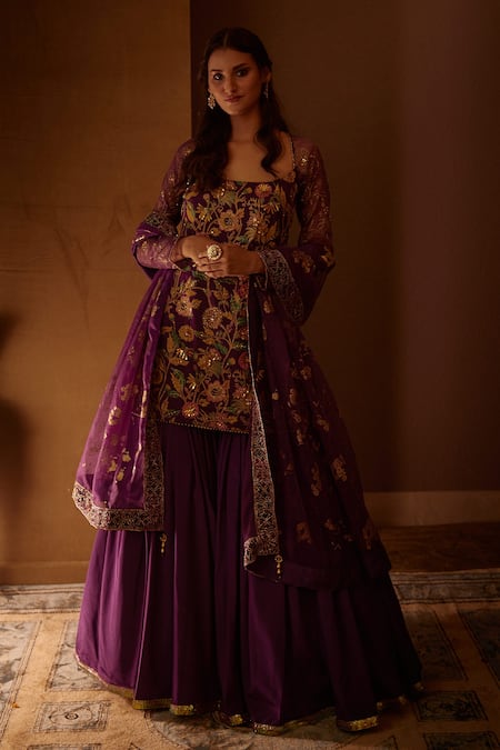 Moledro Purple Floral Motifs Scoop Neck Reet Embroidered Sharara Set Online at Aza Fashions Moledro_Purple Floral Motifs Scoop Neck Reet Embroidered Sharara Set _Online_at_Aza_Fashions