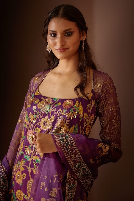 Shop Moledro Purple Floral Motifs Scoop Neck Reet Embroidered Sharara Set Online at Aza Fashions Shop_Moledro_Purple Floral Motifs Scoop Neck Reet Embroidered Sharara Set _Online_at_Aza_Fashions