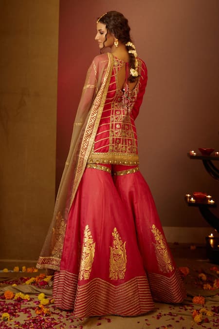 Shop Moledro Pink Organza, Modal Satin, Lurex Dupatta Aaina Embroidered Sharara Set at Aza Fashions Shop_Moledro_Pink Organza, Modal Satin, Lurex Dupatta Aaina Embroidered Sharara Set _at_Aza_Fashions