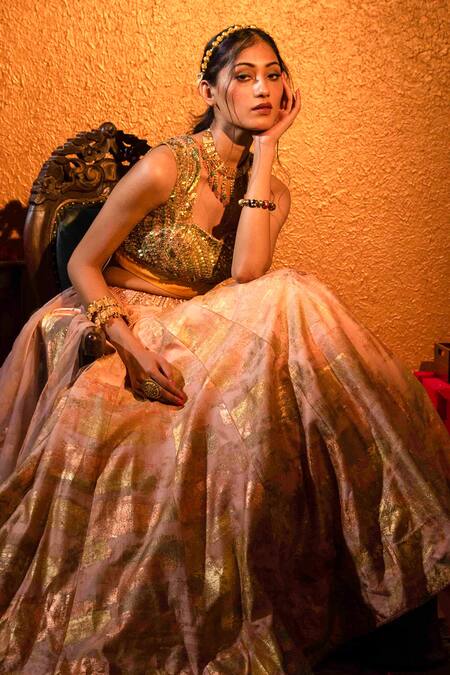 Buy_Moledro_Peach Chanderi And Organza, Twill Cutdana & Sequin, Foil Lehenga Set_Online_at_Aza_Fashions