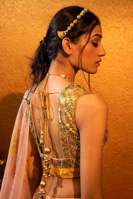 Shop_Moledro_Peach Chanderi And Organza, Twill Cutdana & Sequin, Foil Lehenga Set_Online_at_Aza_Fashions