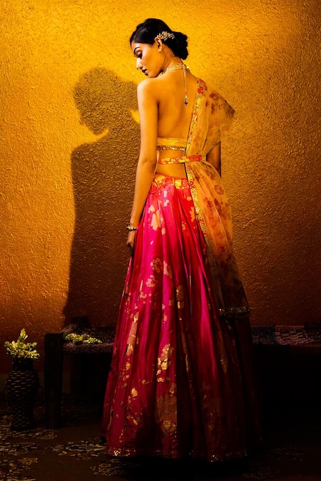 Shop Moledro Pink Oppara And Net, Twill Cutdana & Sequin, Foil Print Lehenga Set at Aza Fashions Shop_Moledro_Pink Oppara And Net, Twill Cutdana & Sequin, Foil Print Lehenga Set _at_Aza_Fashions