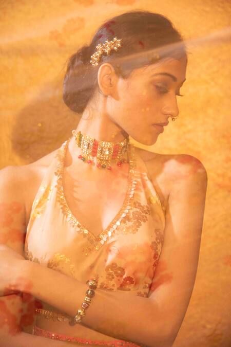 Shop_Moledro_Pink Oppara And Net, Twill Cutdana & Sequin, Foil Print Lehenga Set _Online_at_Aza_Fashions