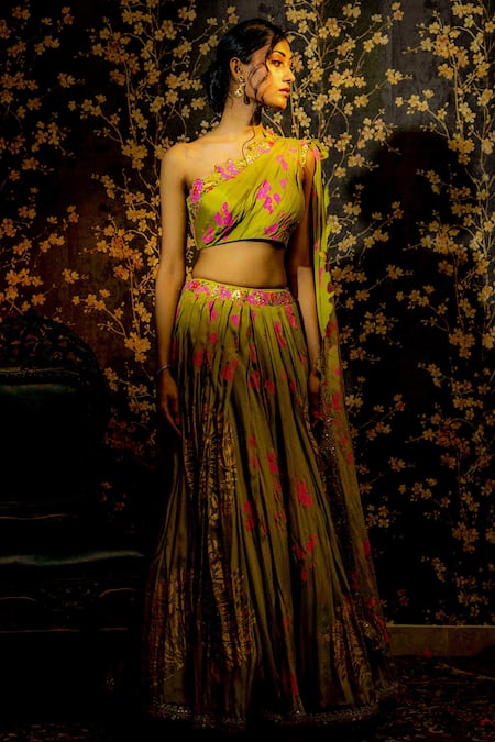 Shop_Moledro_Green Crepe And Chinio Foil Print, Floral & Sequin One Shoulder Lehenga Set _at_Aza_Fashions