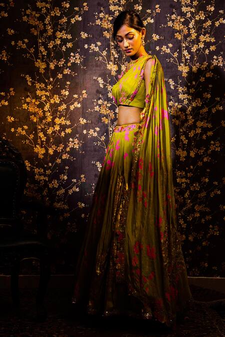 Buy_Moledro_Green Crepe And Chinio Foil Print, Floral & Sequin One Shoulder Lehenga Set _Online_at_Aza_Fashions