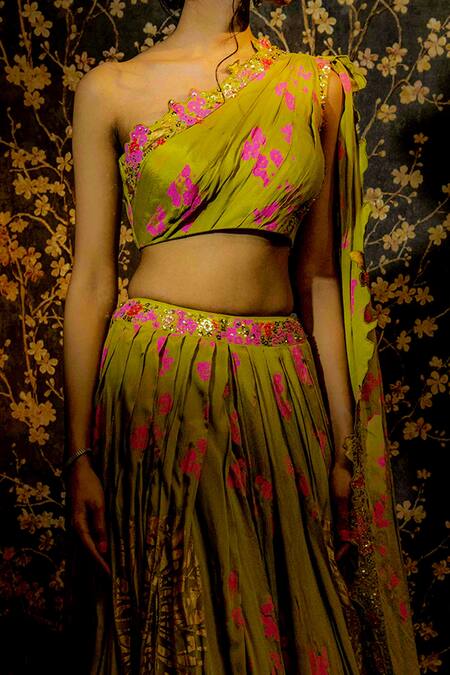 Shop_Moledro_Green Crepe And Chinio Foil Print, Floral & Sequin One Shoulder Lehenga Set _Online_at_Aza_Fashions