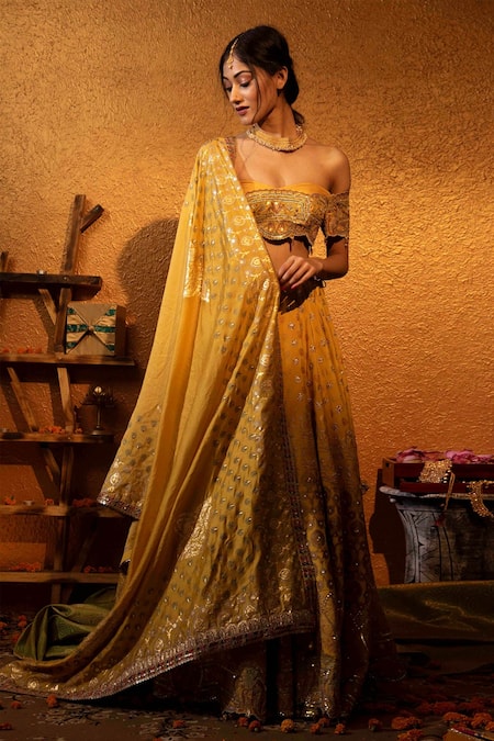 Moledro Yellow Crepe And Chanderi, Twill Cutdana & Sequin, Foil Lehenga Set Online at Aza Fashions Moledro_Yellow Crepe And Chanderi, Twill Cutdana & Sequin, Foil Lehenga Set _Online_at_Aza_Fashions