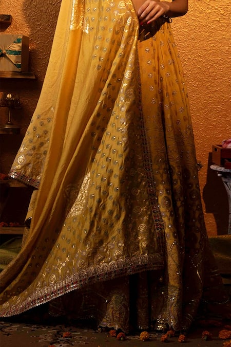 Shop Moledro Yellow Crepe And Chanderi, Twill Cutdana & Sequin, Foil Lehenga Set Online at Aza Fashions Shop_Moledro_Yellow Crepe And Chanderi, Twill Cutdana & Sequin, Foil Lehenga Set _Online_at_Aza_Fashions