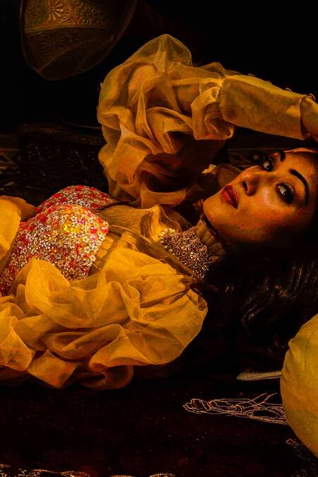 Shop Moledro Peach Crepe And Organza, Silk Twill Sequin & Cutdana High Lehenga Set Online at Aza Fashions Shop_Moledro_Peach Crepe And Organza, Silk Twill Sequin & Cutdana High Lehenga Set _Online_at_Aza_Fashions