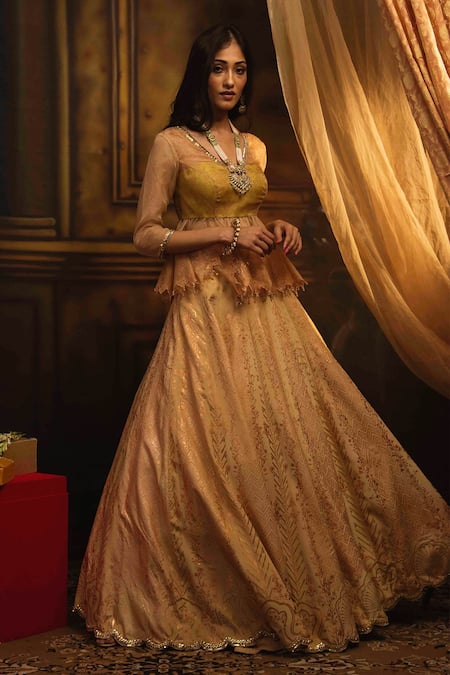 Moledro_Peach Organza And Crepe, Silk Chanderi Sequin & Cutdana, Foil V Kurta Lehenga Set _Online_at_Aza_Fashions